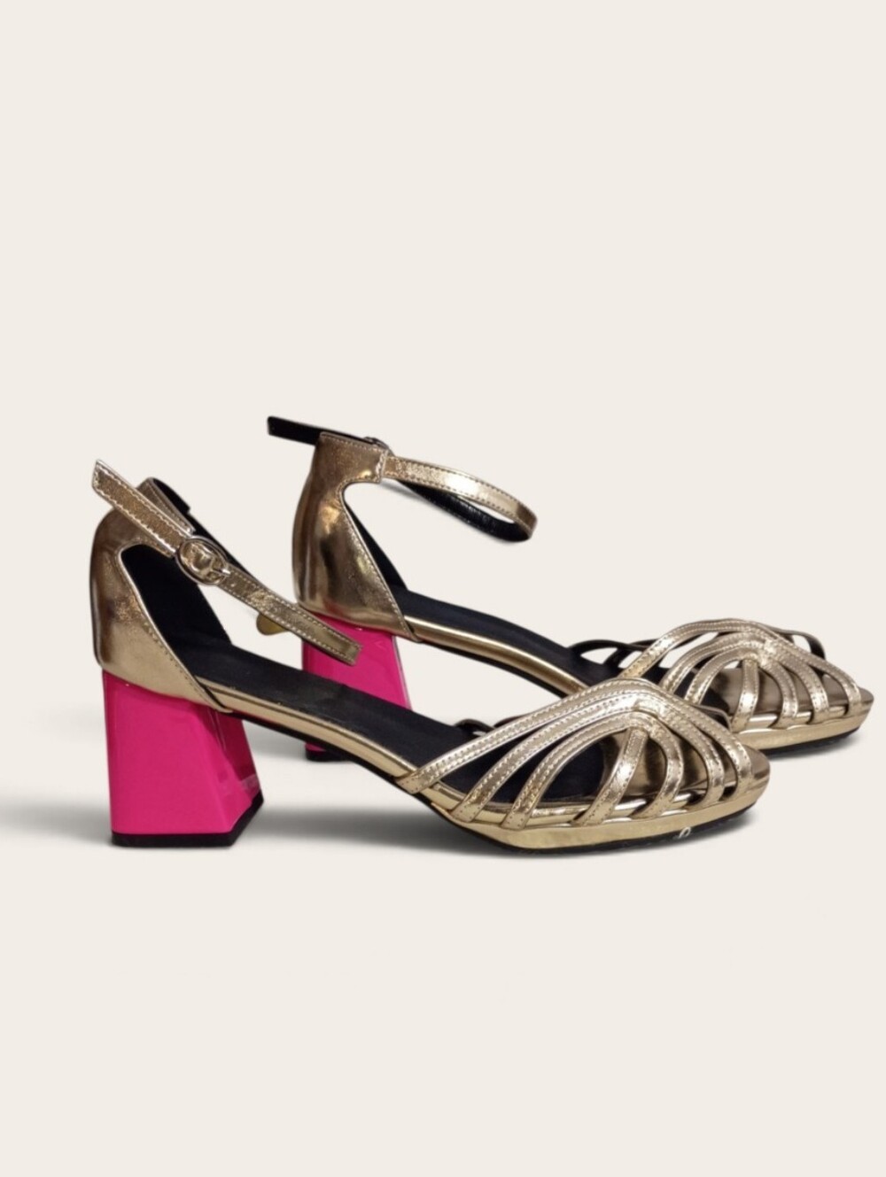 Metallic Gold Strappy Sandal with Hot Pink Block Heel